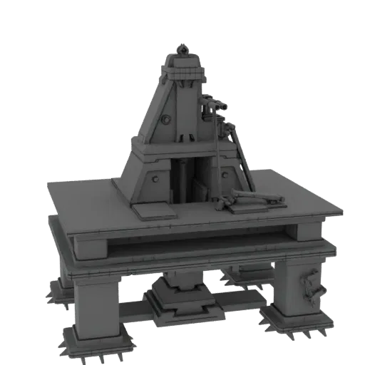 3D модель витиеватой промышленной кузницы с большой наковальней, молотом и декоративными колоннами, в оттенках серого.