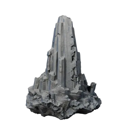 Реалистичная 3D модель "Инопланетный минеральный шпиль", рендер окружения в трехчетвертном ракурсе, показывающий слоистый кам