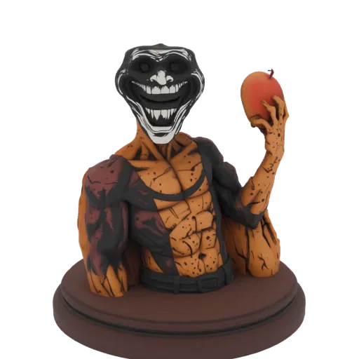 3D модель персонажа мема Trollface с мускульным телом, держащего манго, на коричневом основании.