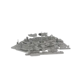 3D модель футуристического прибрежного города Диорама с детализированными зданиями, кораблями и инфраструктурой, представленн