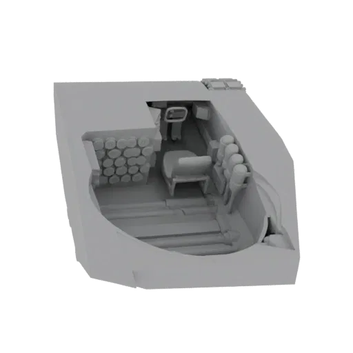 Рендер 3D модели интерьера военной техники, показывающий сиденья, панель управления и уложенные боеприпасы.