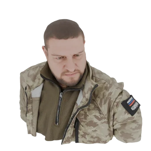 Рендер 3D модели бюста русского солдата в камуфляжной куртке и флисовой подкладке.