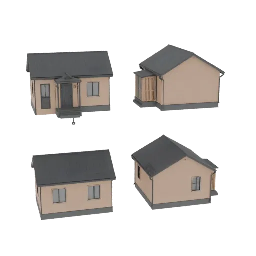 3D модель современного одноэтажного дома со светлым фасадом и темной крышей, с передним крыльцом и ступенями.