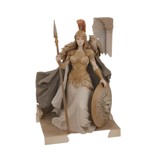 3D модель греческой богини Афины в доспехах, с копьем и щитом, с совой на плече.