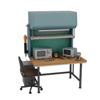 3D модель рабочего места монтажника РЭА: стол с осциллографом, паяльной станцией, мультиметром и креслом.