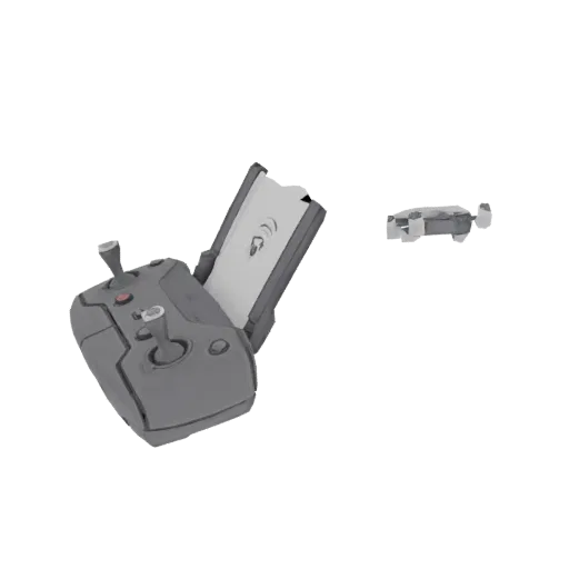 3D модель пульта ДУ дрона DJI Mavic с открытым экраном и маленький дрон рядом на черном фоне.