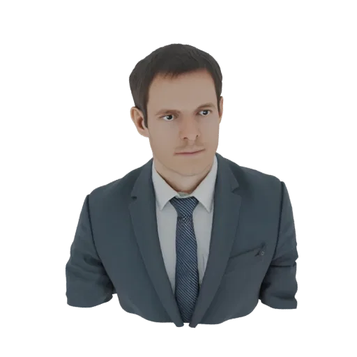 3D модель бизнесмена в темном костюме, белой рубашке и галстуке с узором, смотрящего в сторону.