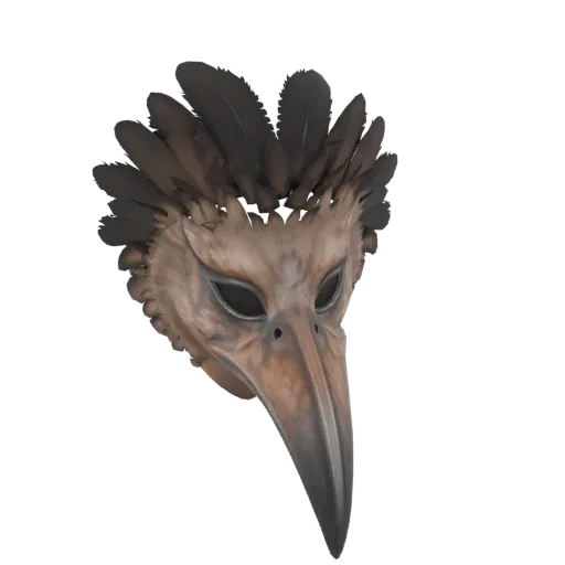3D модель реалистичной маски вороны с большим клювом, коричневого цвета, с детальной текстурой перьев.