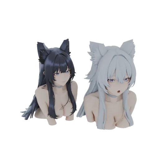 3D рендер двух бюстов аниме-девушек с ушками кошки, одна с черными волосами, другая с белыми, на черном фоне.