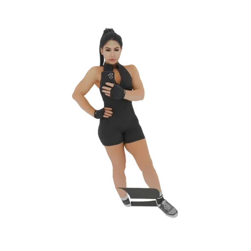 3D-модель спортивной девушки в черной одежде позирует со смартфоном