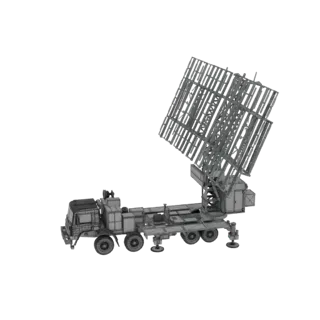 3D модель серой мобильной РЛС на грузовике КамАЗ с антенной, направленной вверх, на черном фоне.