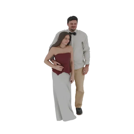 3D модель улыбающейся пары в формальной одежде, мужчина в рубашке и бабочке, женщина в топе без бретелек и длинной юбке, в не