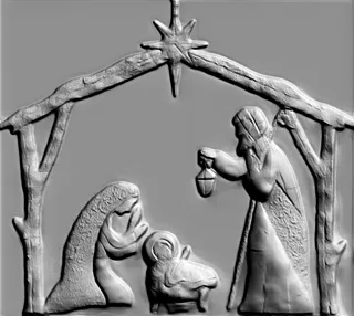 3D модель барельефа Вертеп Рождество, изображающая Марию, Иосифа и младенца Иисуса под звездой.