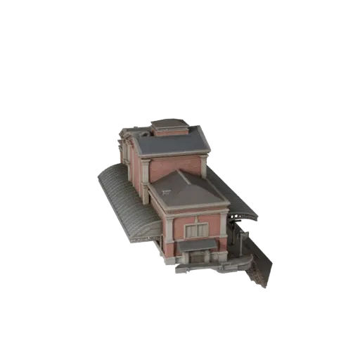 Высокополигональная 3D модель здания вокзала, крупный план архитектурного рендера, показывающий материалы общедоступного здан