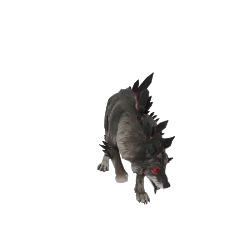 3D модель рычащего демонического волка со светящимися красными глазами и острыми шипами, растущими из спины.