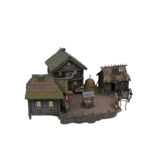 3D модель сцены средневековой деревни с двумя домами, колодцем, стогом сена и небольшим забором, на белом фоне.