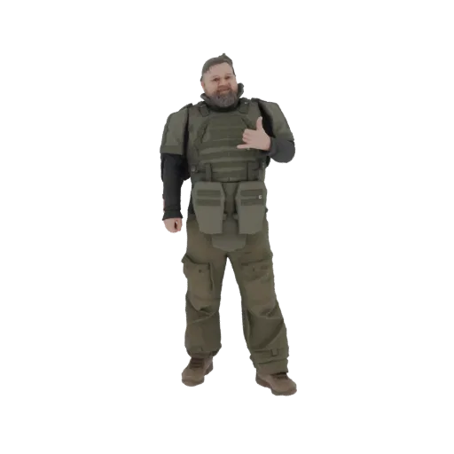 3D модель бойца в тактическом снаряжении оливкового цвета, показывающего жест 'шака'.