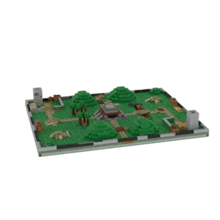 3D-модель мини-карты для игры в стиле Lego с центральным храмом, зеленым ландшафтом, тропинками и сторожевыми башнями.