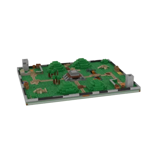 3D-модель мини-карты для игры в стиле Lego с центральным храмом, зеленым ландшафтом, тропинками и сторожевыми башнями.