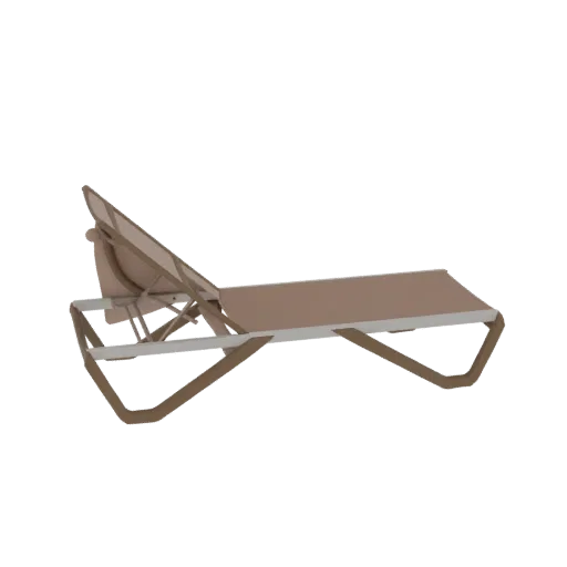 3D модель современного кресла для отдыха с сиденьем из тауповой ткани и каркасом из светло-серого металла, вид сбоку.