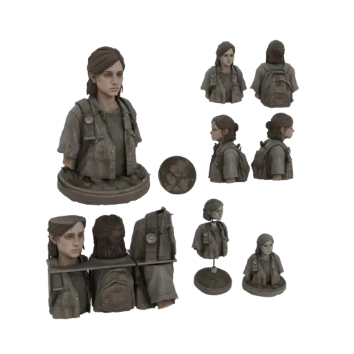3D модель бюста Элли Уильямс из The Last of Us, показывающая ее решительное лицо и рюкзак.