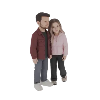 3D-модель мужчины в бордовой куртке и женщины в розовой толстовке, стоящих вместе, на белом фоне.