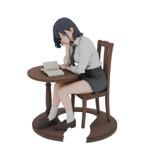 3D модель школьницы в аниме-стиле, в очках, сидящая за деревянным столом и читающая книгу.