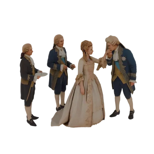 3D-модель аристократической пары XVIII века, мужчина целует женщину в руку, рядом стоит слуга.