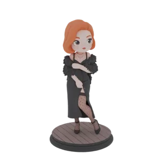 3D-модель сексуальной пин-ап девушки в черном платье и чулках в горошек, стоящая на деревянной подставке.