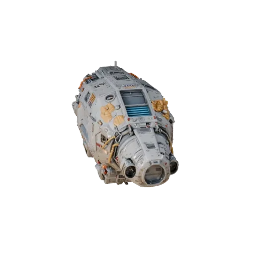 3D-модель модуля космической станции, вид в три четверти в студии, готовый к анимации транспортный объект с силуэтом миссии,