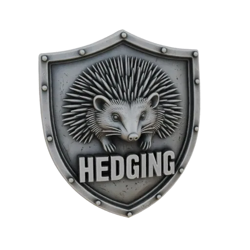 3D-модель металлической эмблемы щита с ежом и надписью HEDGING, с грубой текстурой и заклепками.