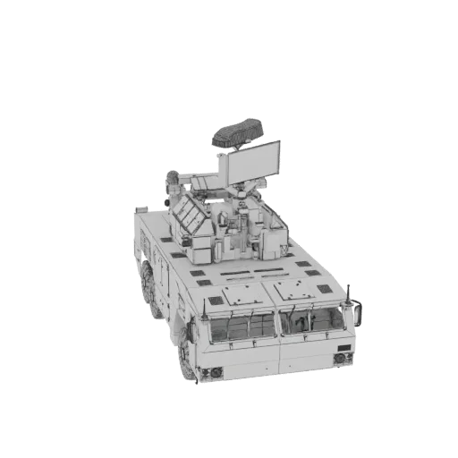 3D-модель РЛС с большой антенной на многоколесном шасси.