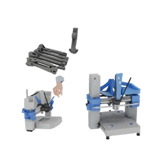 3D модель установки для 3D-сканирования и 3D-принтера, демонстрирующая процесс сканирования и печати деталей.
