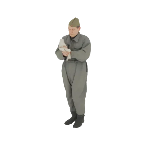 3D модель советского солдата в форме, стоящего и держащего в руках белый кусок ткани.