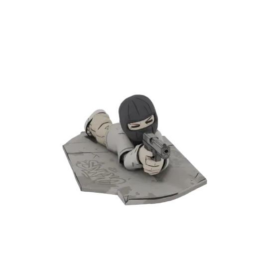 3D модель фигуры в маске лежа, целится из пистолета, на основании из битого бетона с граффити.