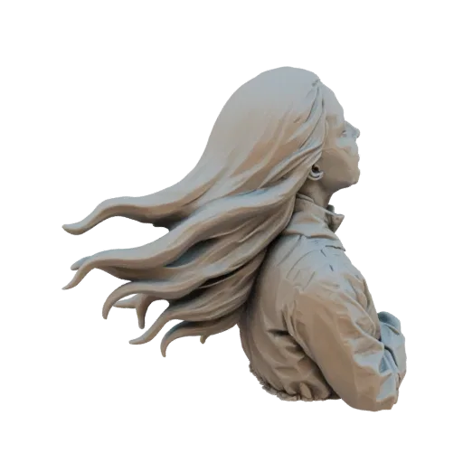 Рендер 3D модели бюста женщины с длинными волосами, драматично развевающимися на ветру, вид сбоку.