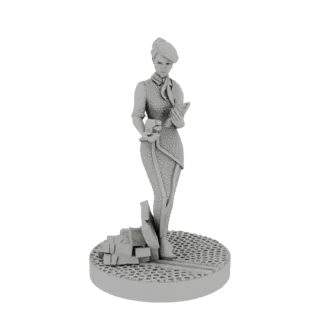 3D модель элегантной женщины со змеиной чешуей, держащей книгу, стоящей на текстурированном основании с мусором.