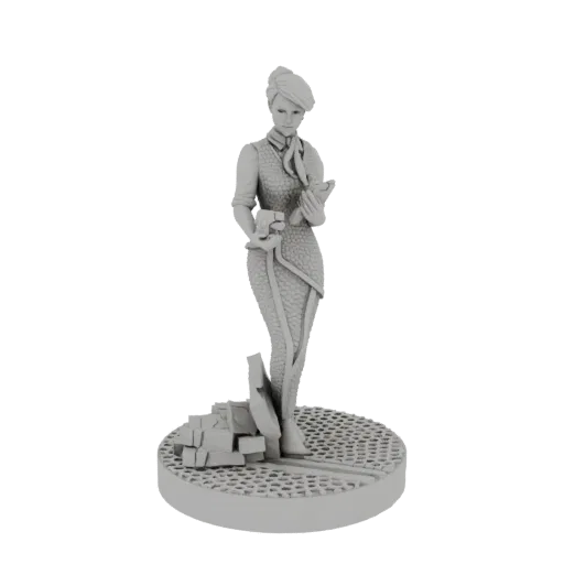 3D модель элегантной женщины со змеиной чешуей, держащей книгу, стоящей на текстурированном основании с мусором.