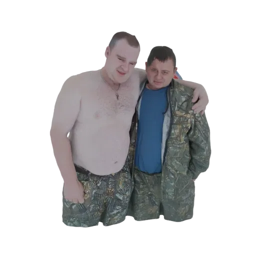 3D-модель двух мужчин в тесном, поддерживающем объятии, один без рубашки в камуфляжных шортах, другой в синей рубашке и камуф
