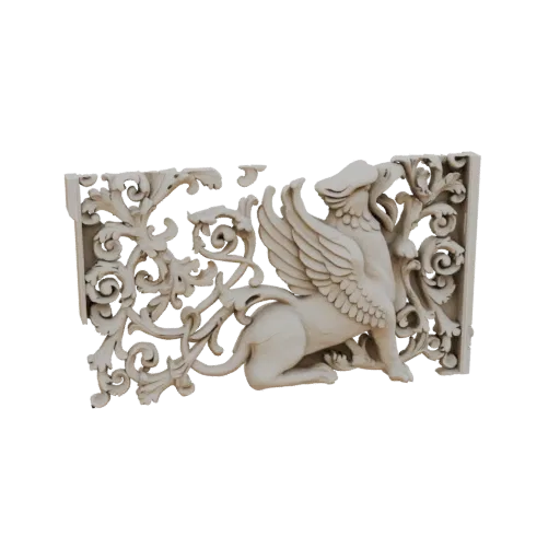 3D модель декоративного архитектурного элемента с грифоном и детальными цветочными завитками.