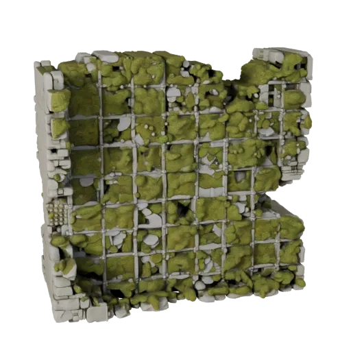 Модульная 3D-модель стены разрушенного здания, покрытой мхом, изометрический вид модульного комплекта, показывающий состаренн