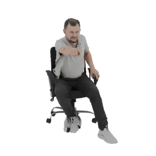3D модель мужчины, сидящего в офисном кресле, наклонившегося вперед и указывающего указательным пальцем прямо на зрителя.