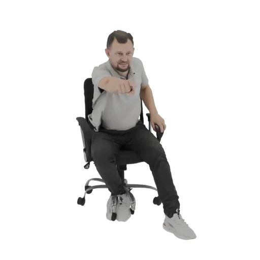 3D модель мужчины, сидящего в офисном кресле, наклонившегося вперед и указывающего указательным пальцем прямо на зрителя.