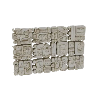 3D-модель каменной плиты с сеткой детализированных глифов майя, представленная с реалистичной каменной текстурой.