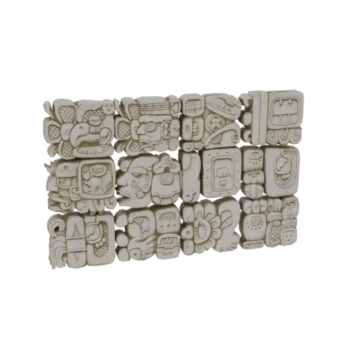 3D-модель каменной плиты с сеткой детализированных глифов майя, представленная с реалистичной каменной текстурой.