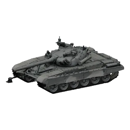 3D модель танка Т-72, отрендеренная в нейтральном сером цвете, на минималистичном фоне песчаной местности.