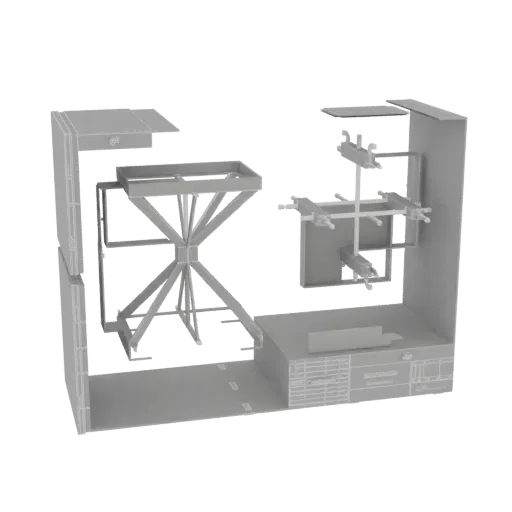 3D модель станции сборки промышленных машин с центральной Х-образной опорой и роботизированной рукой.