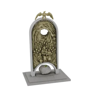 3D модель монумента-арки с орлом, резными фигурами и каменным основанием, в бронзовом оттенке.