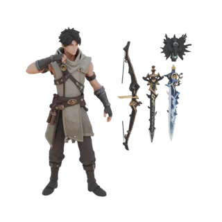 3D model of a stylized dark fantasy male archer with messy dark hair, wearing a light cloak and leather straps, holding a bow