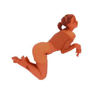 3D-модель модной модели оранжевого цвета, стоящей на коленях и наклонившейся вперед с вытянутой рукой.